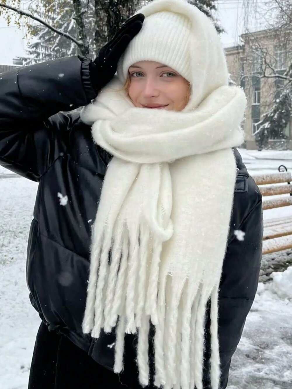 Cream cozy and warm Casual Women's Plain Plush Tassel Shawl scarf